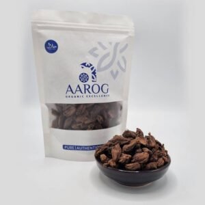Aarog Intense Black Cardamom Bari Elaichi 50g pouch showing large, dark brown pods