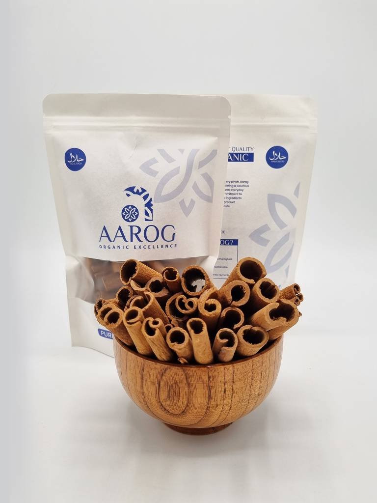 Cinnamon (Darchini Sri Lanka) 2 Aarog Delicate Sri Lankan Cinnamon Sticks Dar Chini 50g pouch showing rolled, light brown cinnamon bark