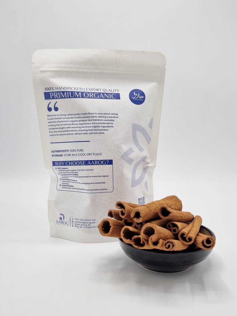 Cinnamon (Darchini Sri Lanka) B Aarog Delicate Sri Lankan Cinnamon Sticks Dar Chini 50g pouch showing rolled, light brown cinnamon bark