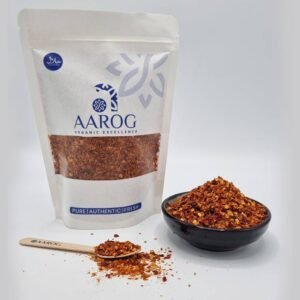Aarog Pure Red chilli Flakes Dara Mirch in a 200g pouch and bowl for seasoning