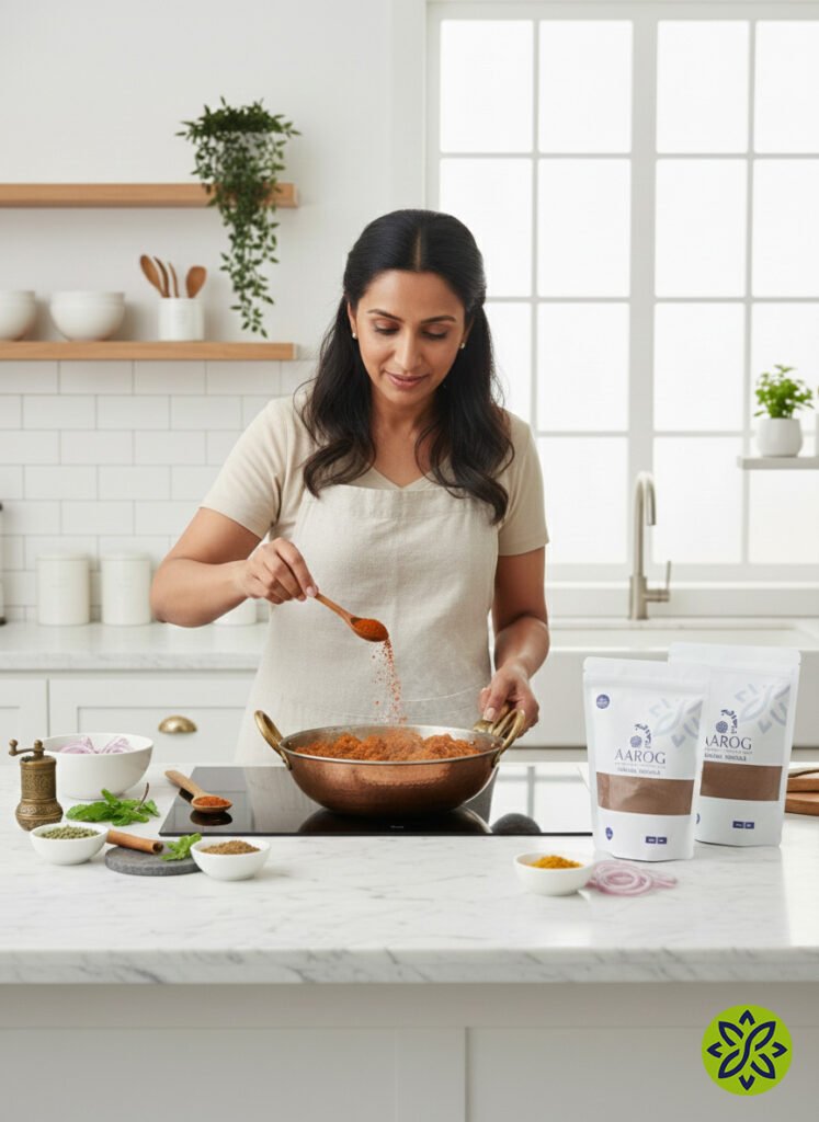 Aarog's Delicious Biryani Recipe: Master the Authentic Meat Delight A stunning, steaming plate of layered Chicken/Beef Biryani, garnished with mint, next to a pouch of Aarog Biryani Masala.