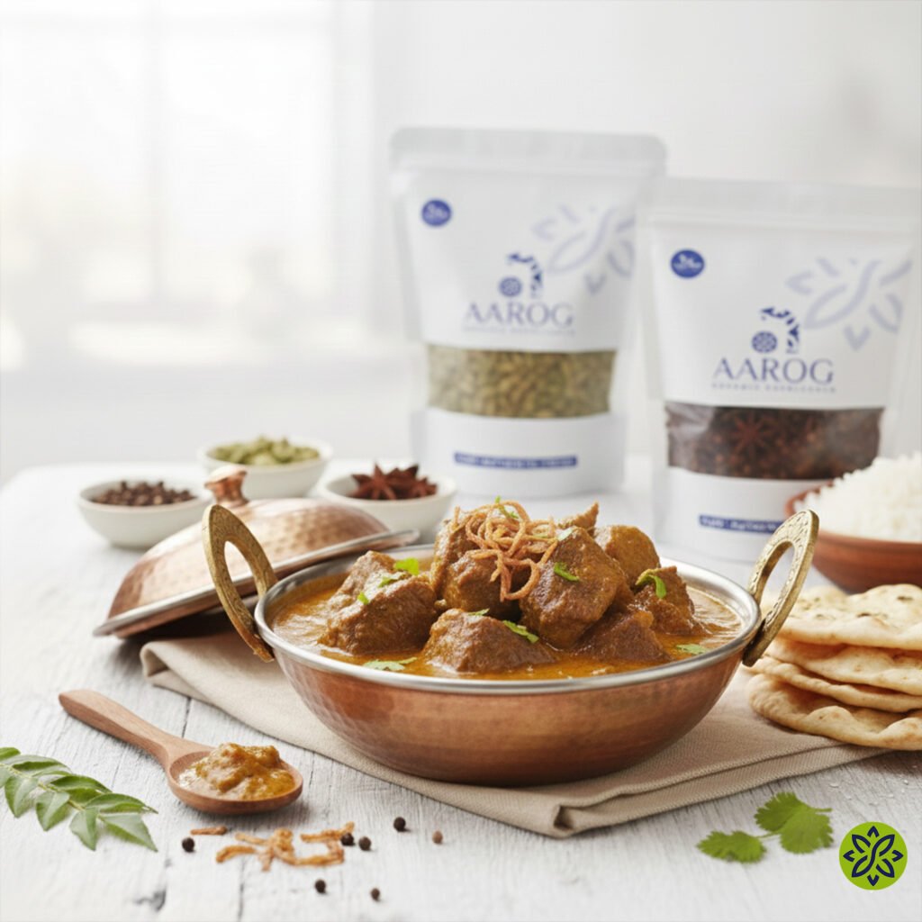 A person enjoying a perfect bowl of rich, Authentic Quorma Masala curry with naan.