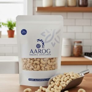 Home Aarog Creamy Premium Indian Cashew Nuts Kaju showing whole, pale white cashew halves.