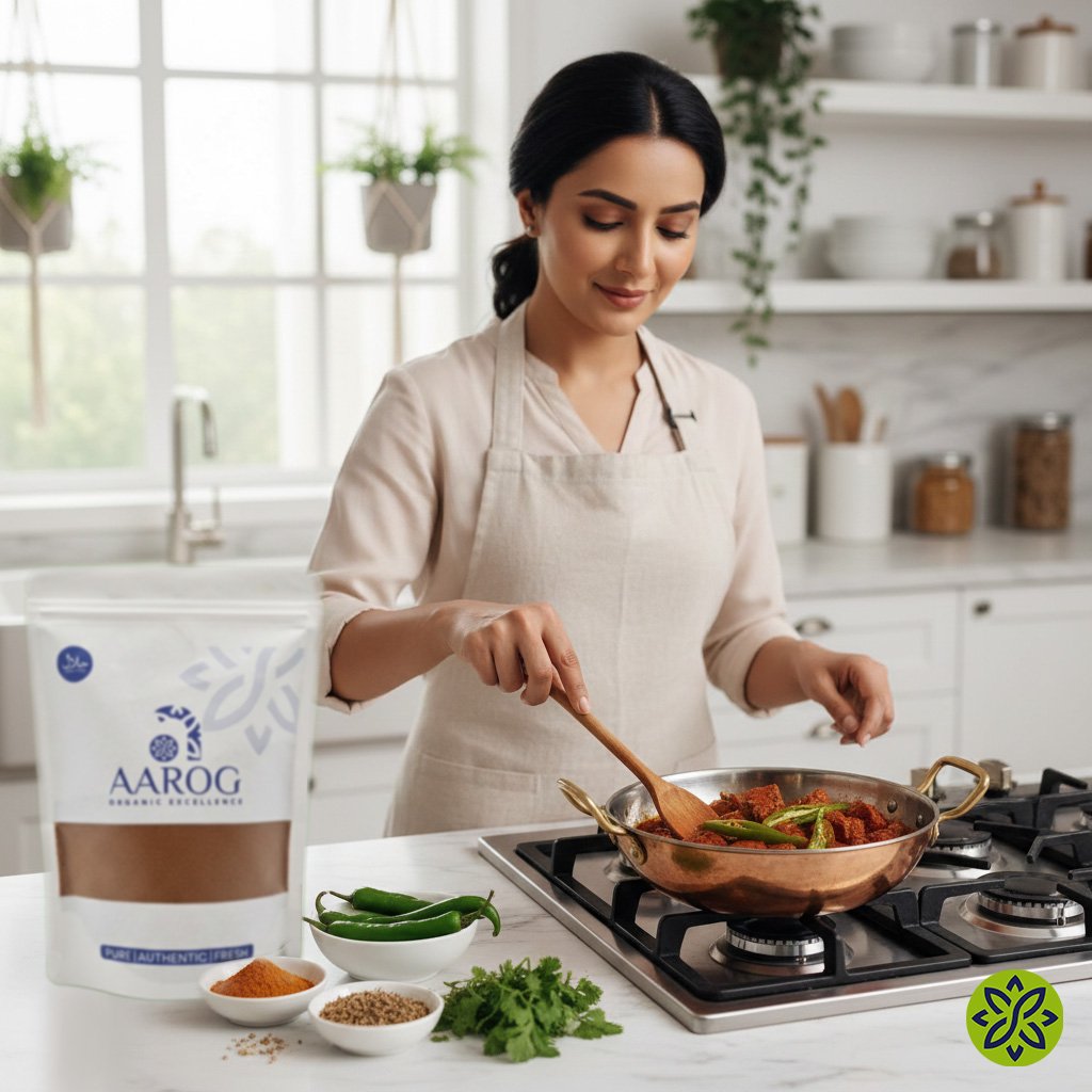 Mother is cooking Achar Gosht curry with Aarog Achar gosht Masala