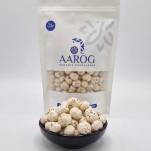Aarog premium organic makhana fox nuts next to a bowl of healthy snacks